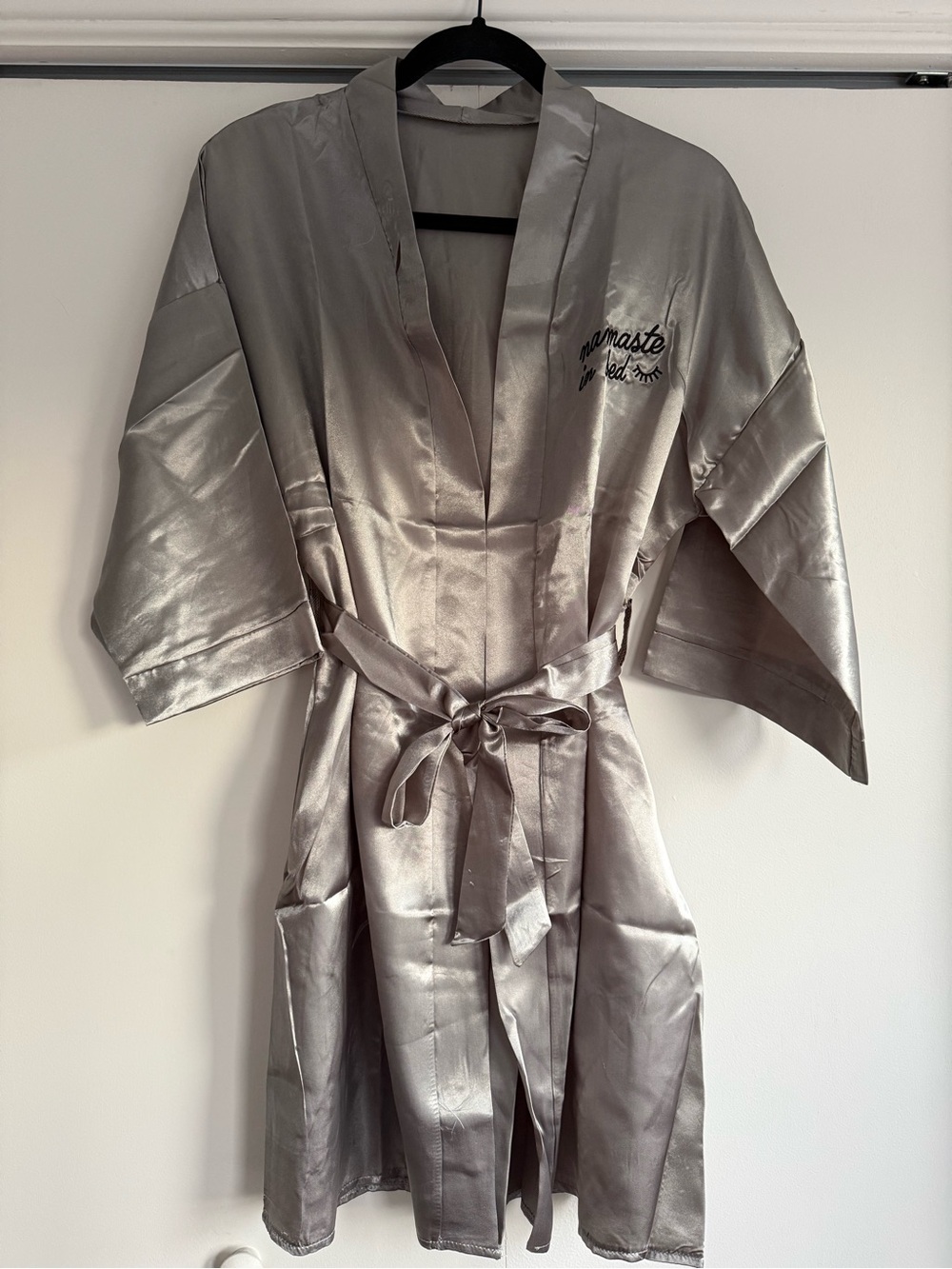Robe’N’Hood “Namaste in Bed” Faux Silk Robe, Gray, NWT